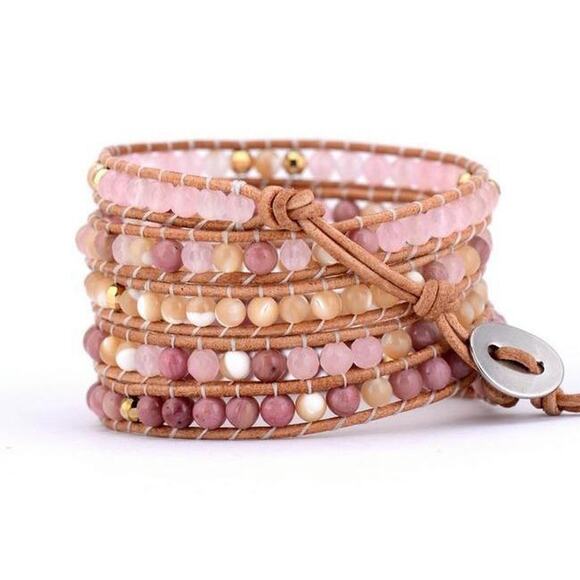 Pink Champagne Wrap Bracelet Pink Crystal and Agate Healing & Calming Stones - Picture 3 of 3